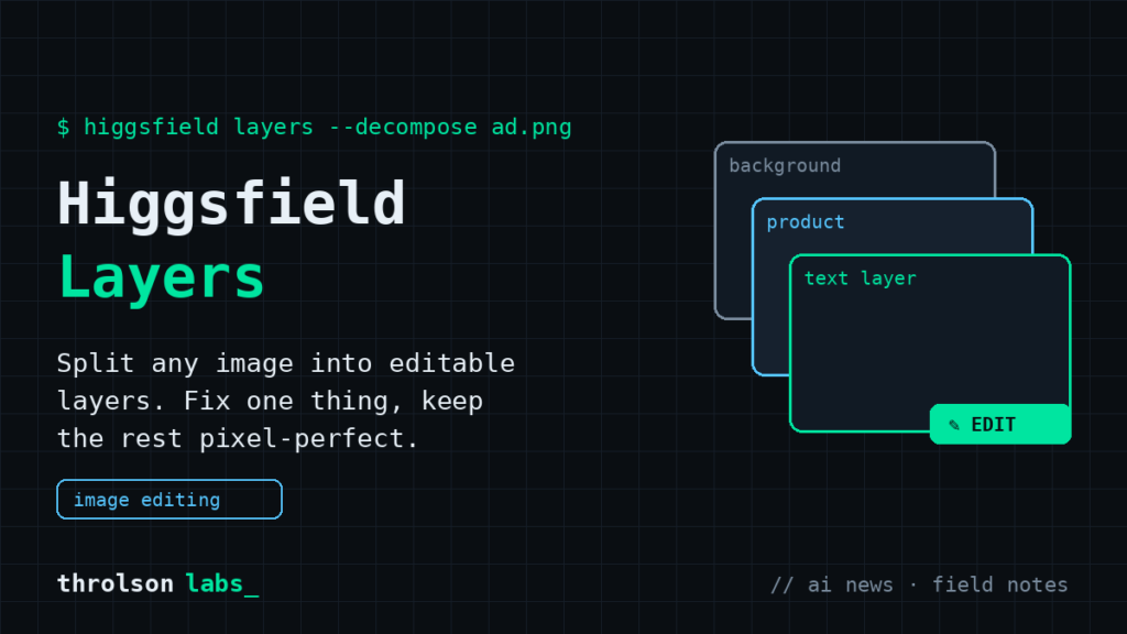 Hero banner for Higginsfield Layers showing stacked UI panels labeled background, product, and text layer on a dark grid, with the headline 'Higgsfield Layers' and the subheading 'Split any image into editable layers.' and an 'image editing' button.